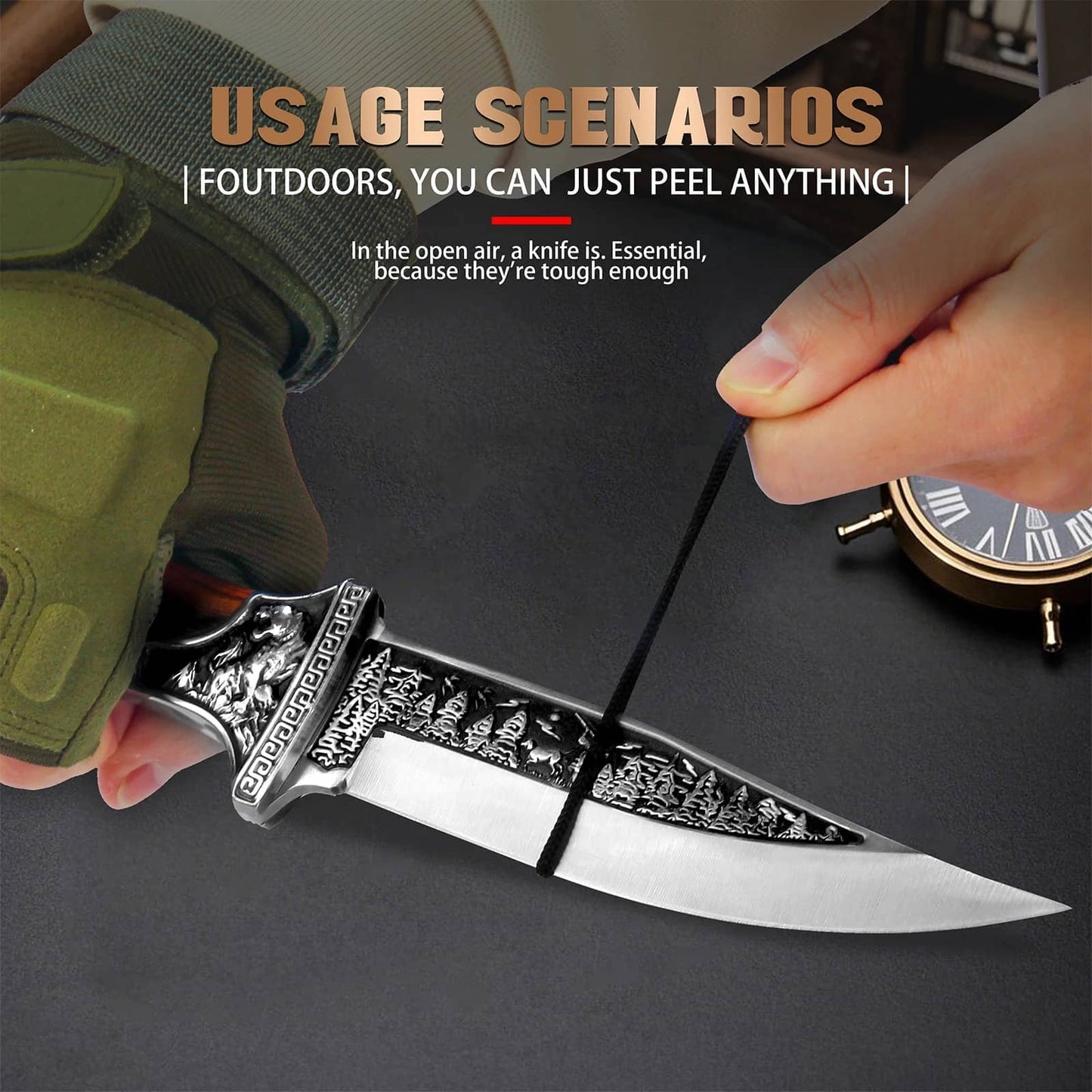 Stainless steel hunting knife with intricate design for outdoor use