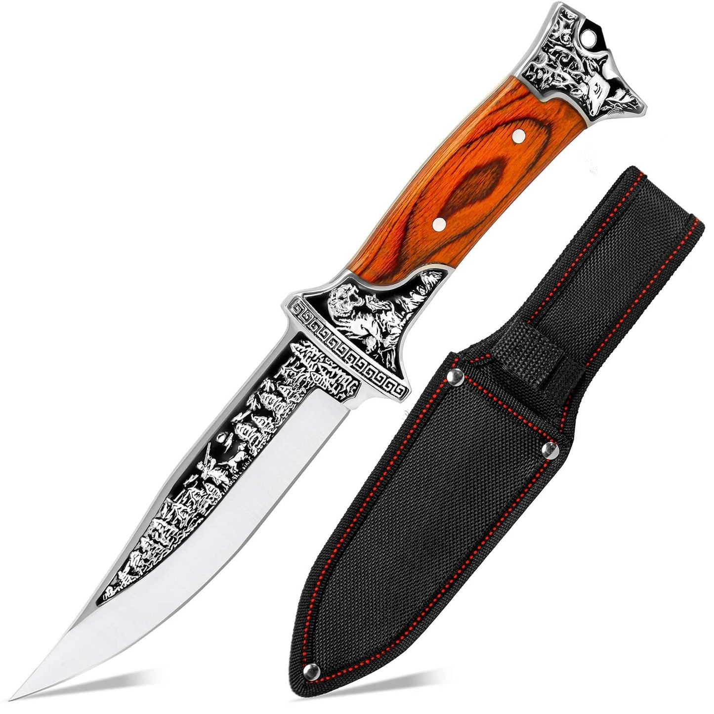 Stainless steel hunting knife with ornate handle and protective sheath