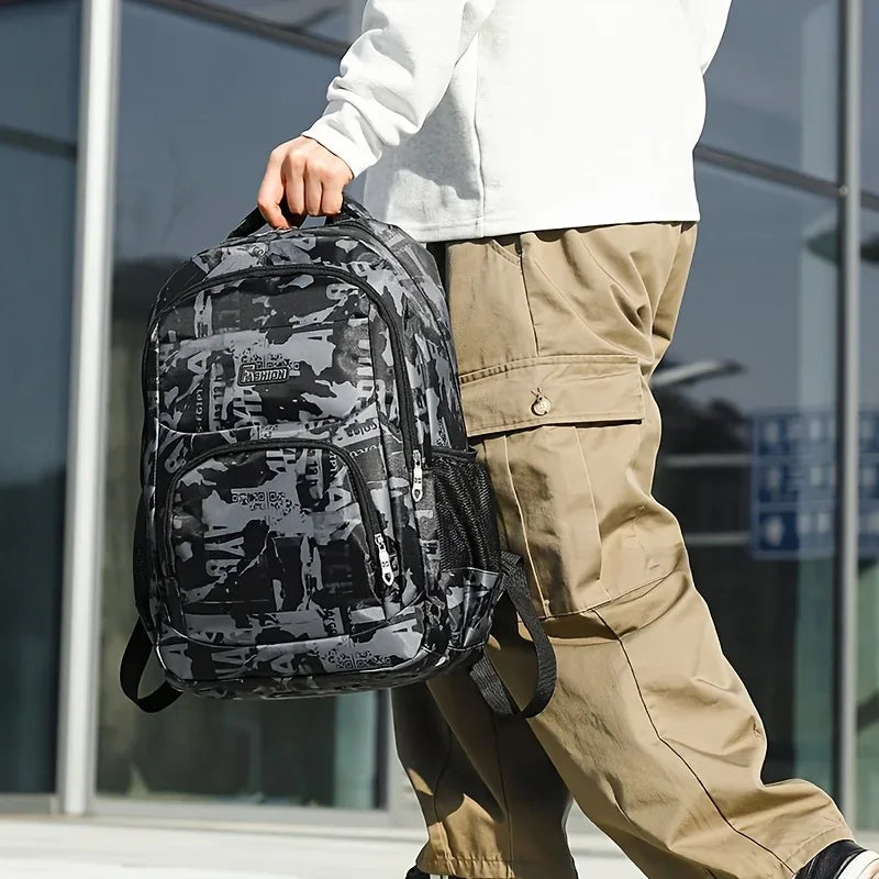 Military-Outdoors Black Camouflage Student Backpack for Kids with Multiple Compartments
