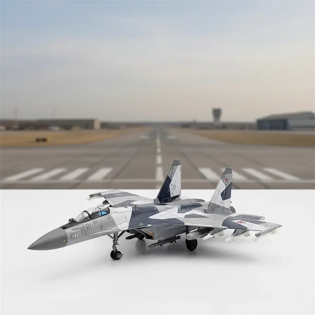 Detailed SU-35 fighter jet model in gray and blue for collectors