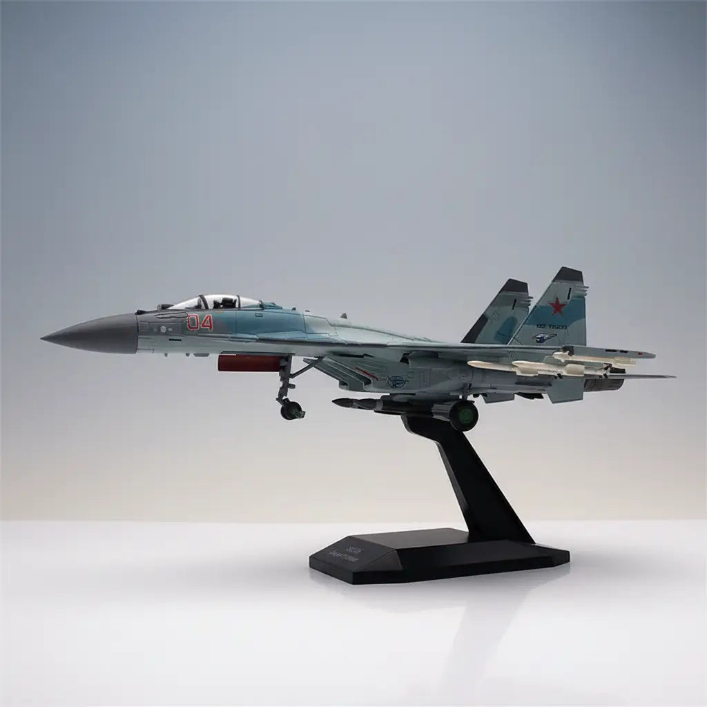 SU-35 fighter jet model in blue with display stand for collectors