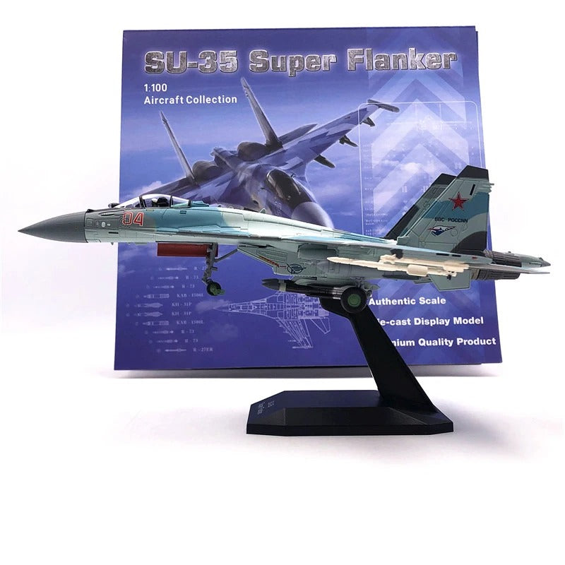 SU-35 fighter jet model in blue, detailed display for enthusiasts
