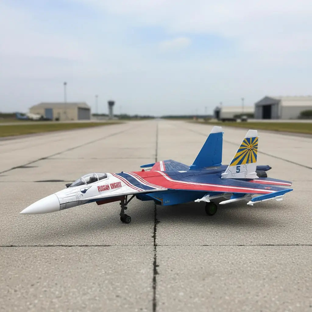 SU-35 fighter jet model with blue and red design for collectors