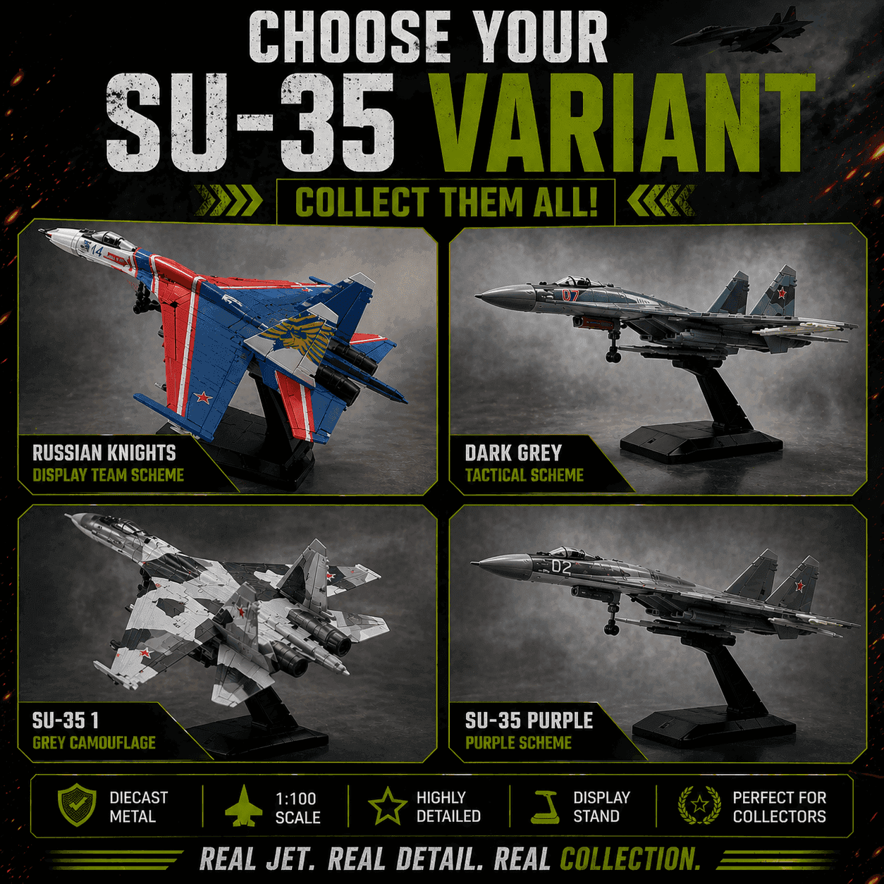 SU-35 fighter jet model variants in various colors and detailed designs for collectors