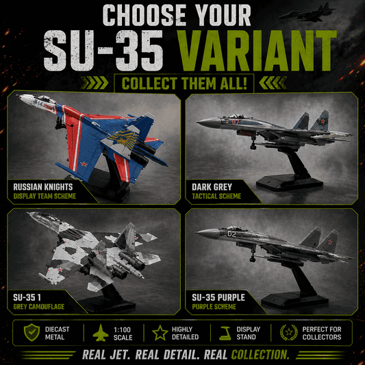 SU-35 fighter jet model variants in various colors and detailed designs for collectors