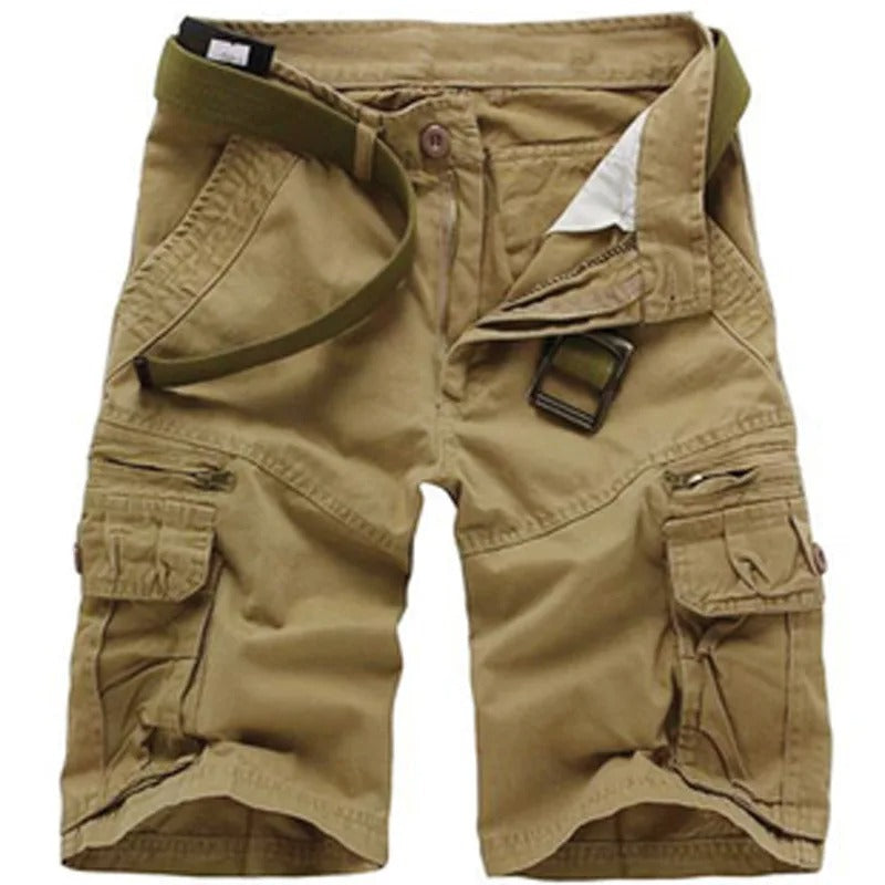 Tan summer cargo shorts with adjustable belt for outdoor activities