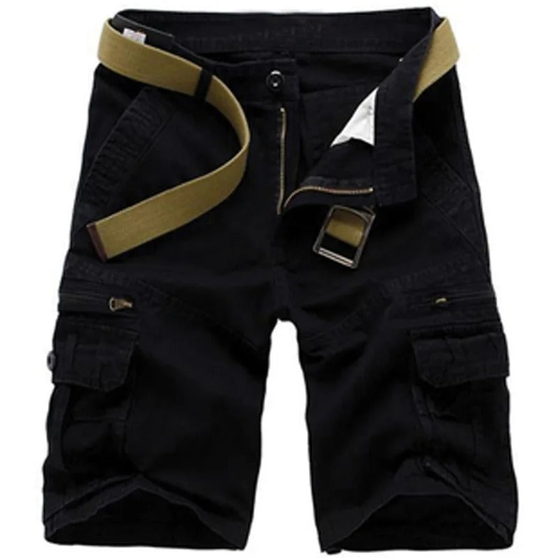 Black summer cargo shorts with adjustable belt for outdoor activities