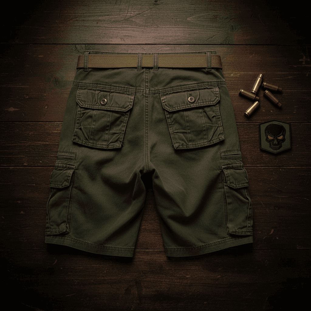 Summer cargo shorts in olive green with multiple pockets for outdoor activities