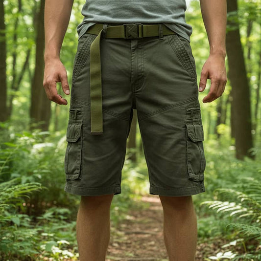 Green summer cargo shorts with utility pockets for outdoor activities