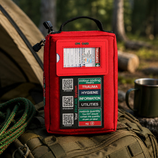 Compact survival first aid kit on outdoor camping gear for emergency preparedness