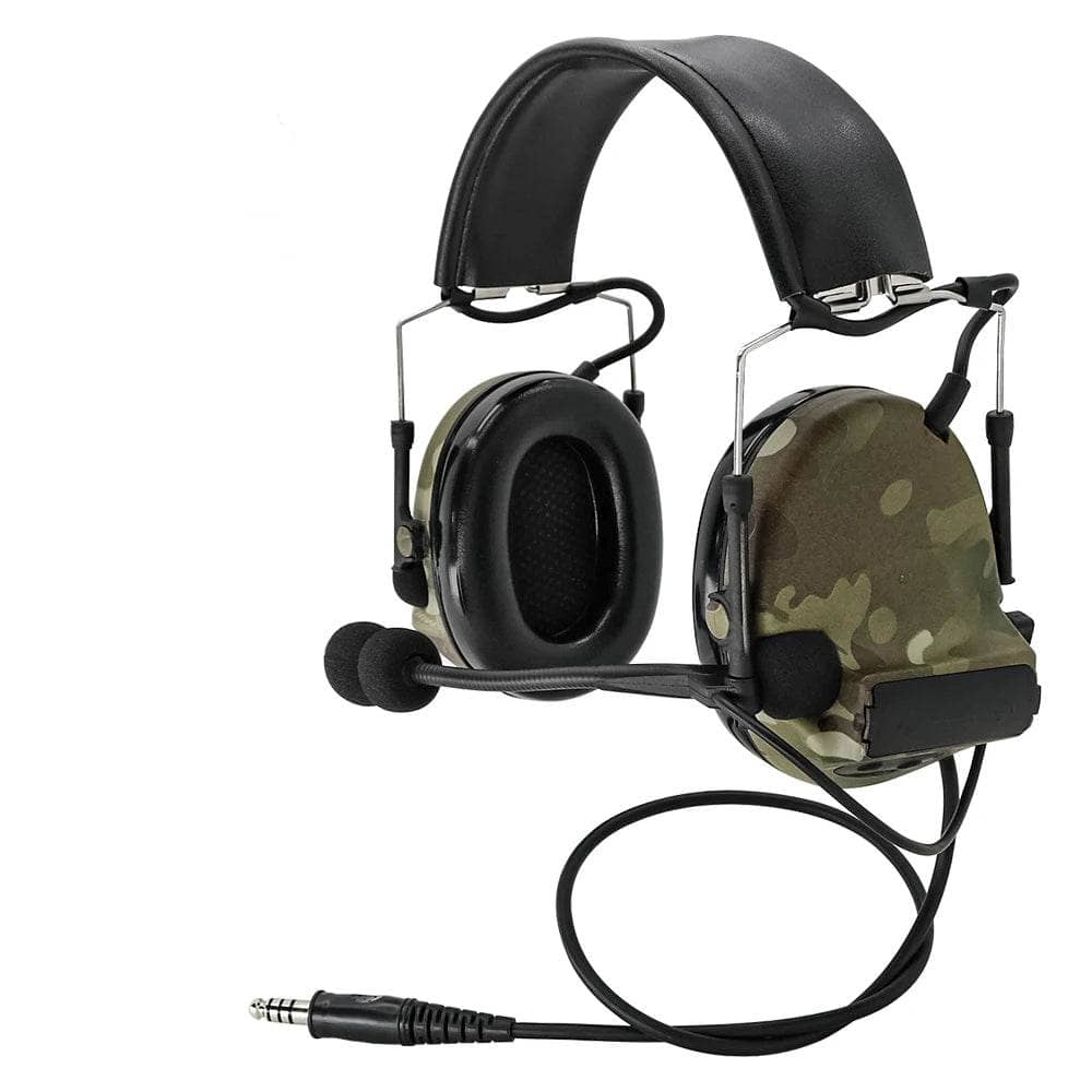 Camouflage headphones with microphone and cable on a white background