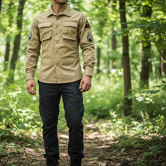 Tactical arm badge shirt in tan with two chest pockets and military-style patches