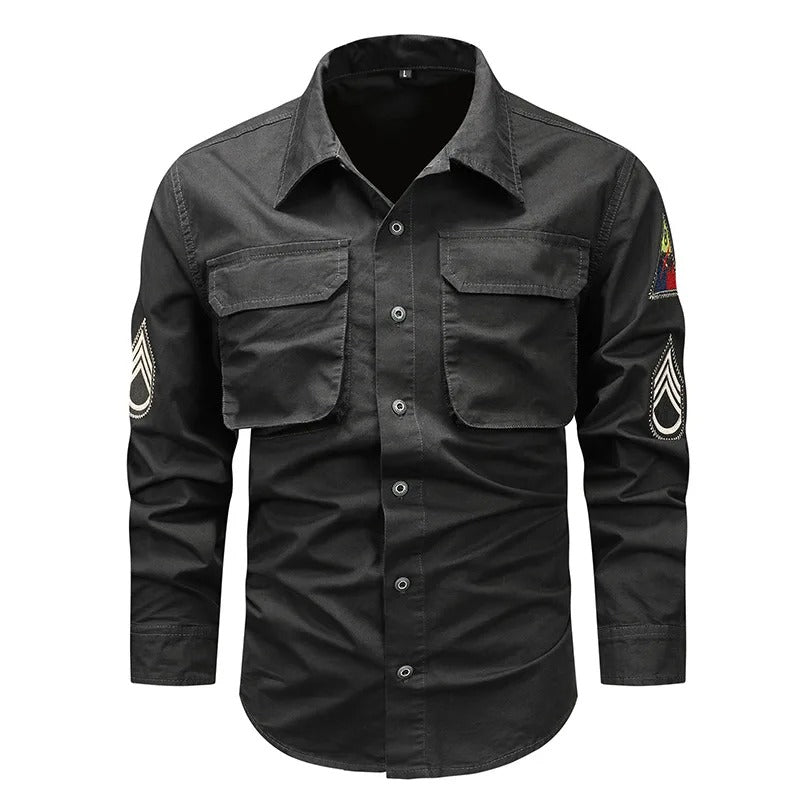 Men's tactical arm badge shirt in black with shoulder patches and button-up design