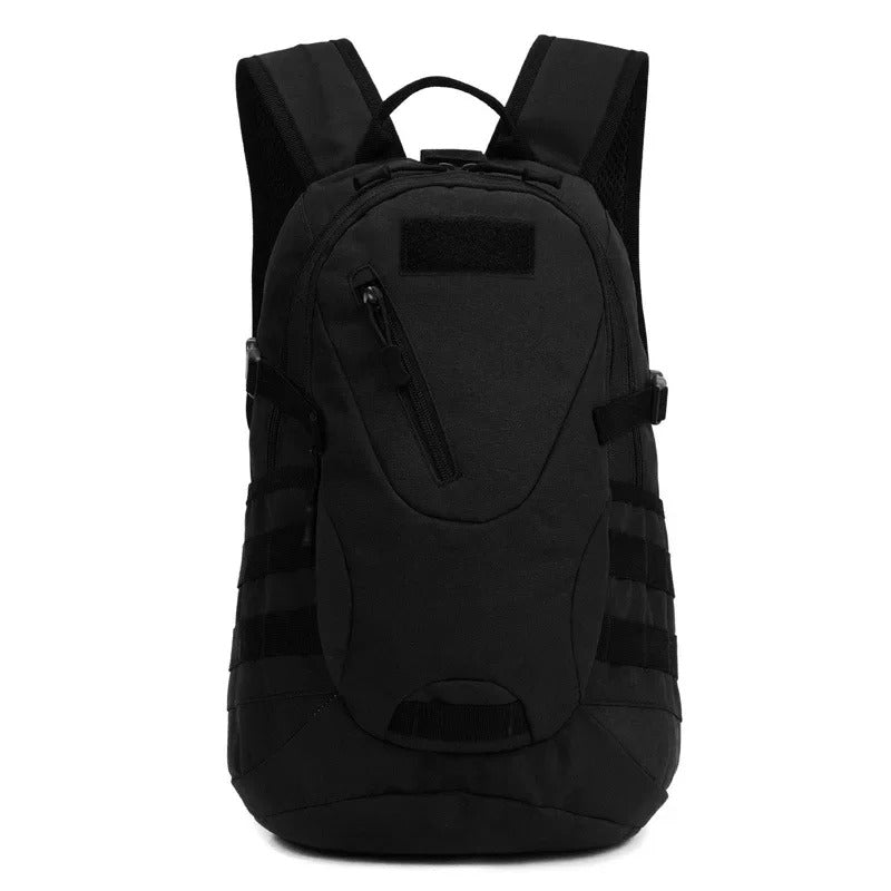 Black 20L tactical backpack with USB for outdoor adventures and daily use
