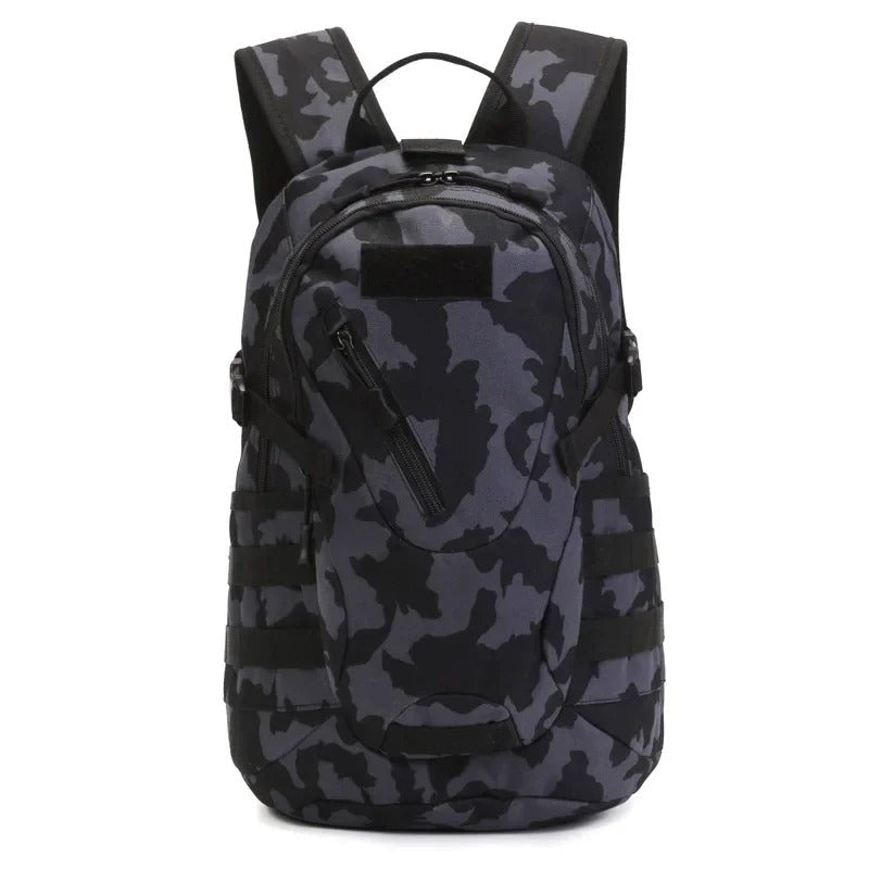 20L tactical backpack with USB in black camo design for outdoor adventures and daily use