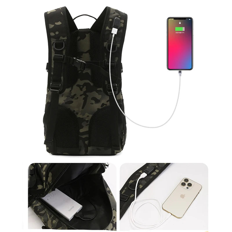20L tactical backpack with USB charging port, camo design and spacious interior for outdoor use