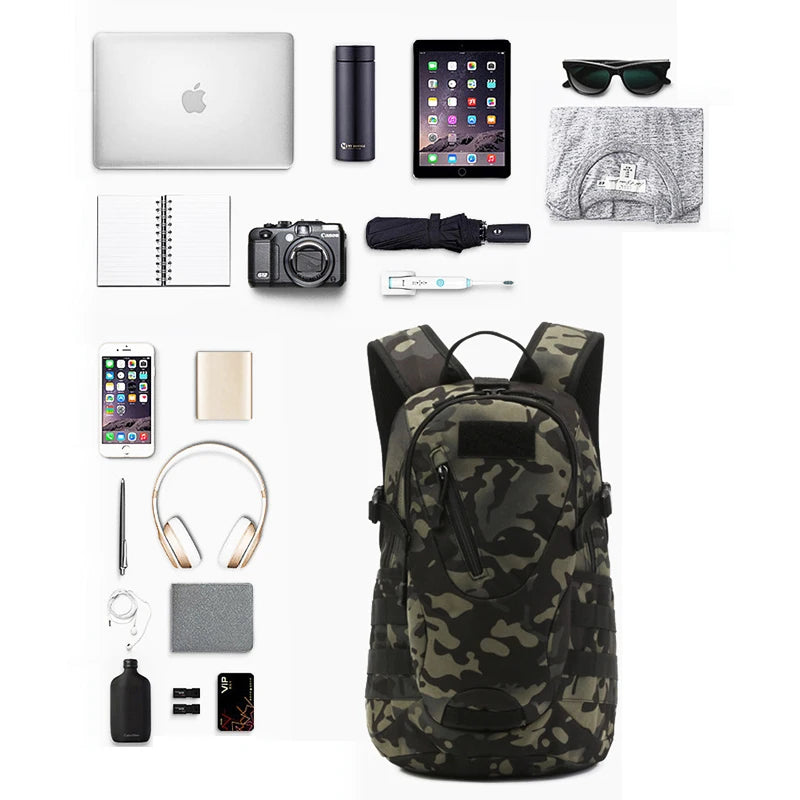 20L tactical backpack with USB, perfect for carrying tech and outdoor essentials in a stylish camo design