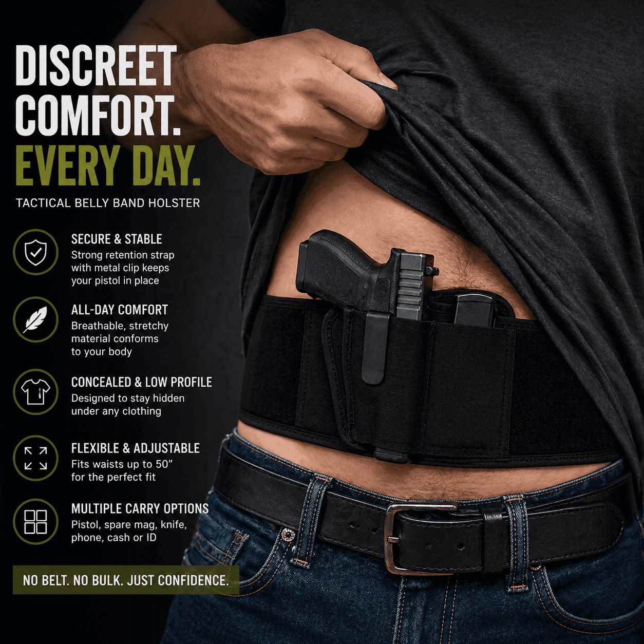 Belly band pistol holster in black for discreet everyday carry