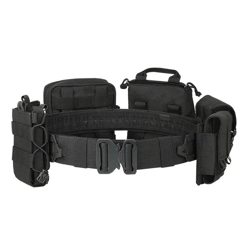Durable black combat belt with multiple pouches and attachment points for tactical gear