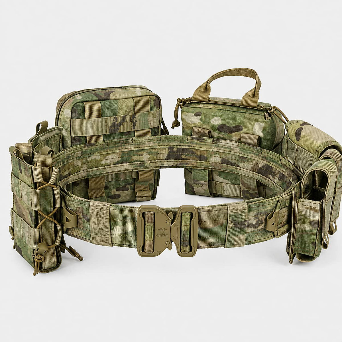 Multicam tactical belt with pouches for outdoor gear storage