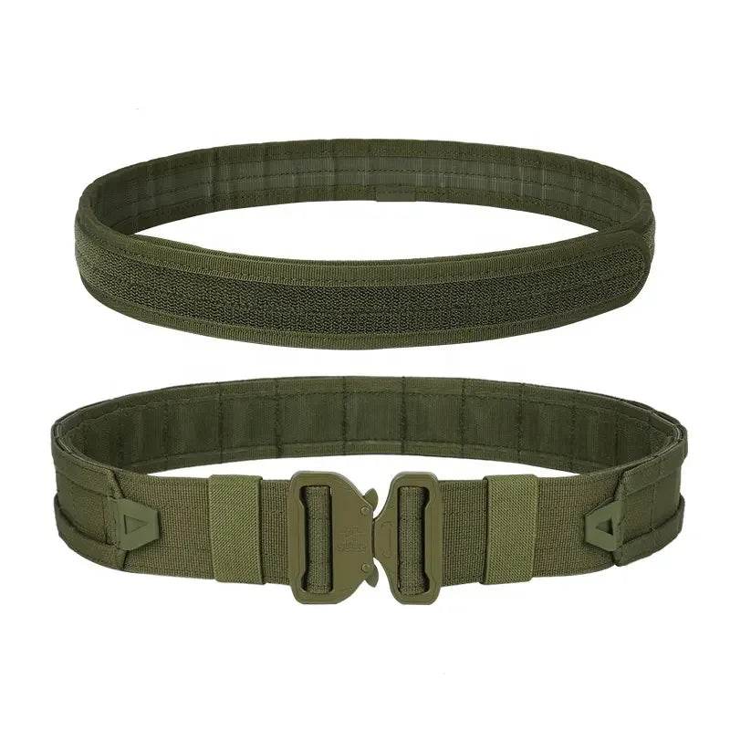 Military green combat belt with durable buckle and adjustable fit for tactical use