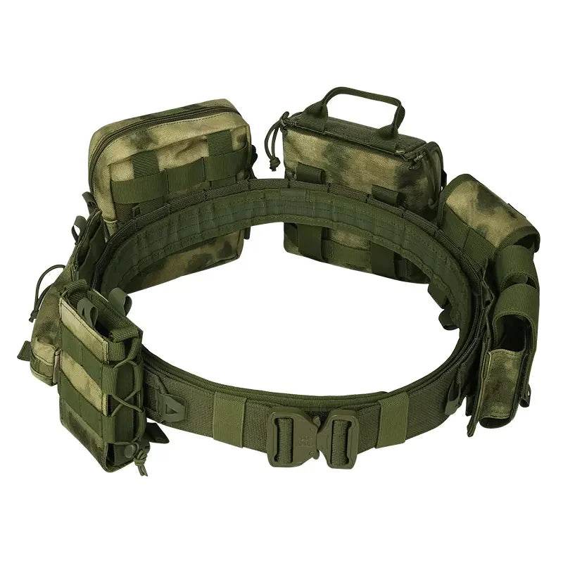 Military combat belt with multiple pouches and attachments for tactical gear and outdoor activities