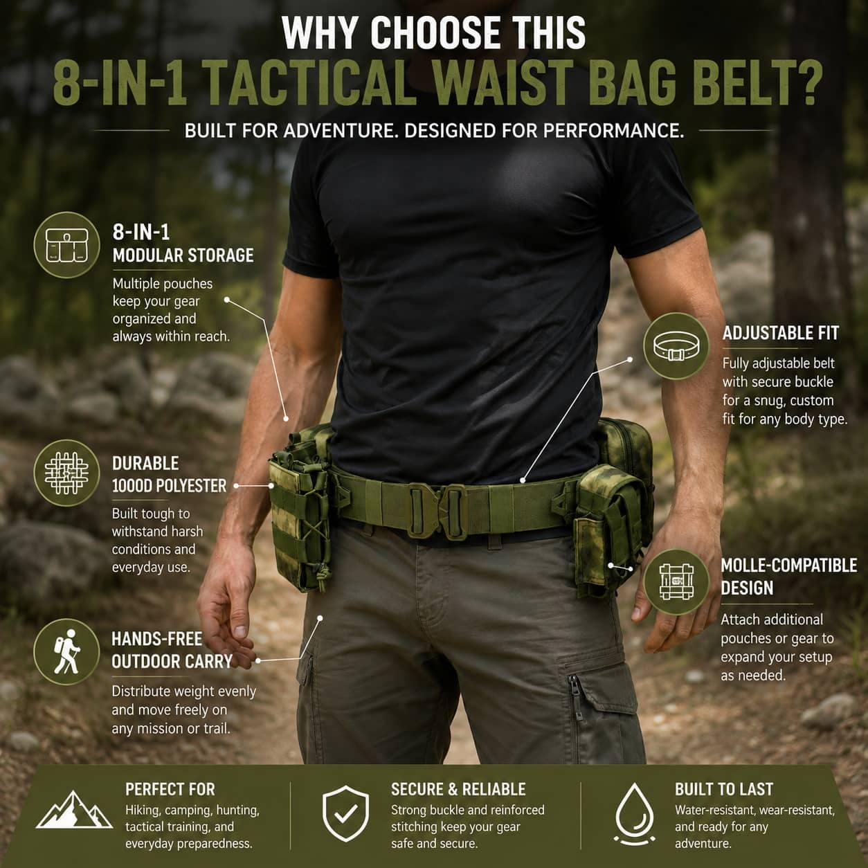 8-in-1 Tactical Belt in Green with Modular Storage for Outdoor Adventures