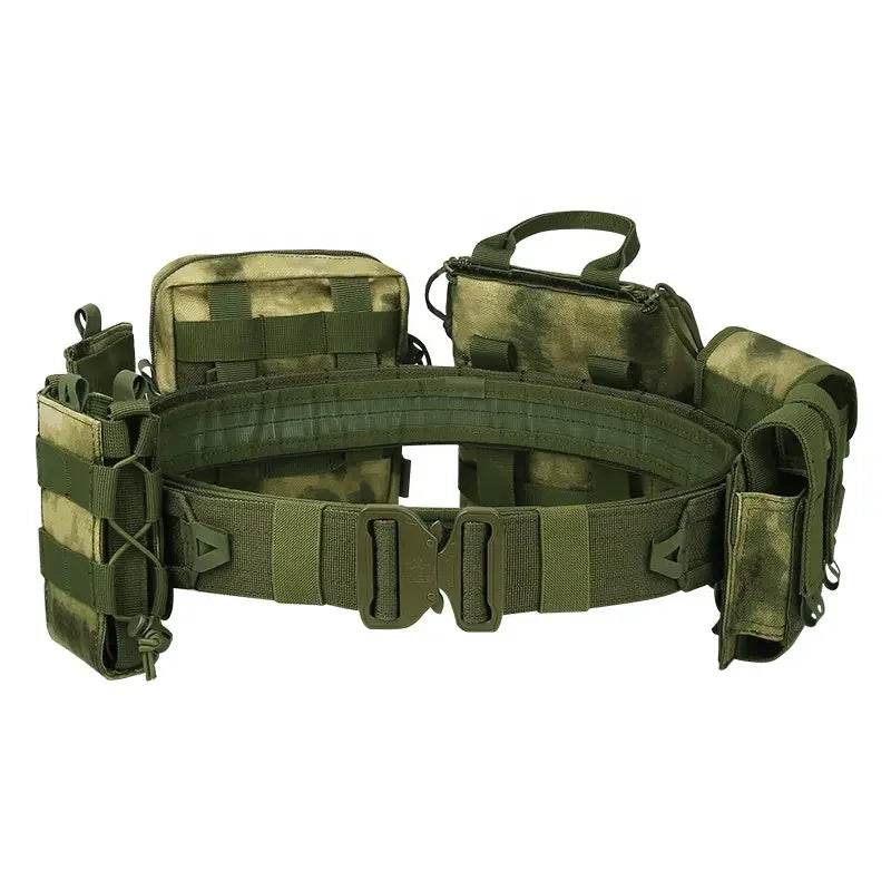 Military tactical combat belt with pouches and adjustable straps for outdoor and military use