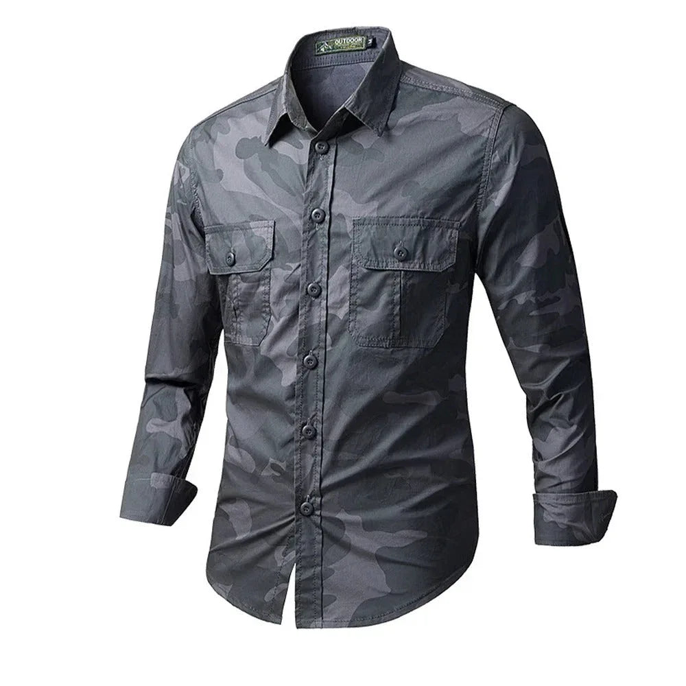 Gray tactical camo shirt for men with long sleeves and button-up front for outdoor activities