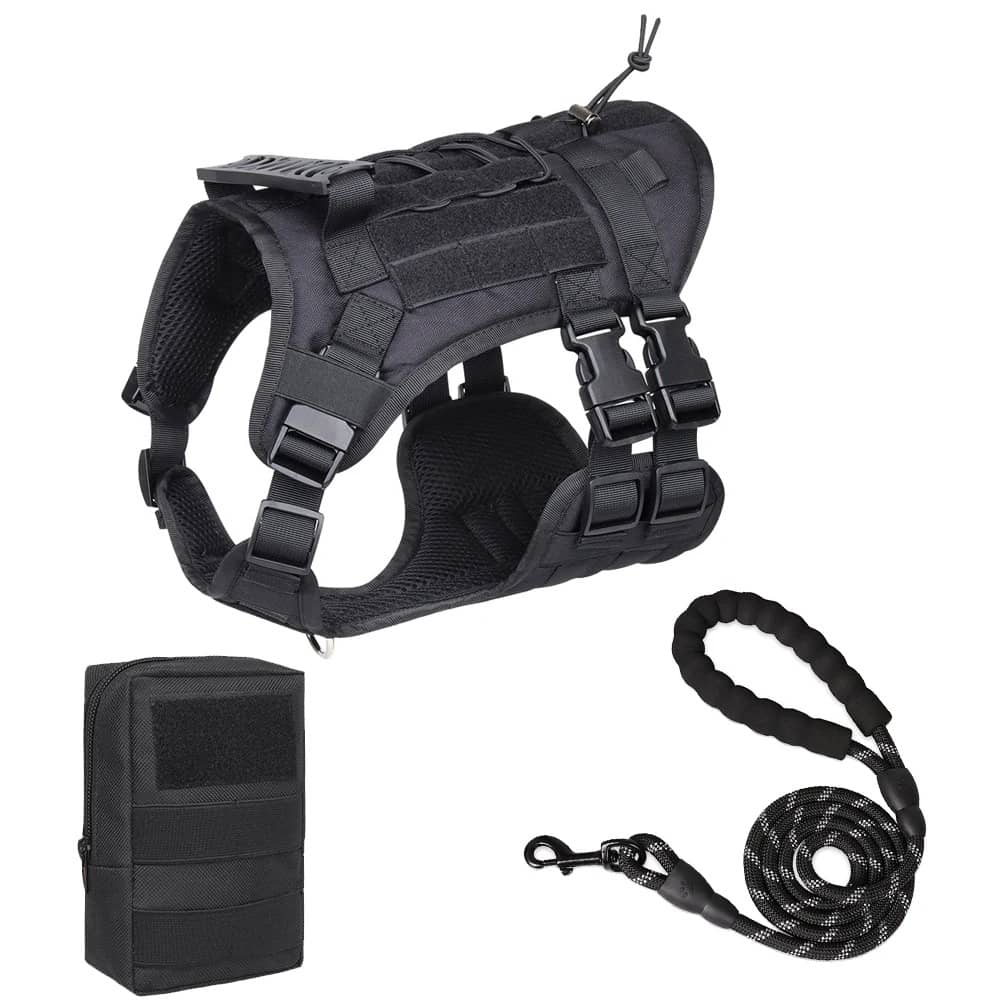 Tactical dog harness vest in black with detachable leash and backpack