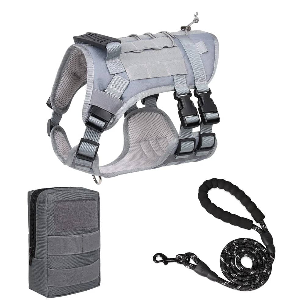 Gray tactical dog harness vest with adjustable straps with bag and leash