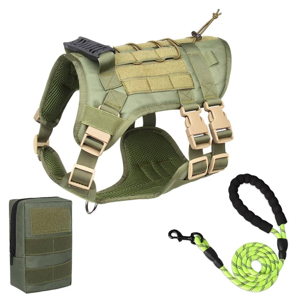 Tactical dog harness vest in green with accessories for outdoor training