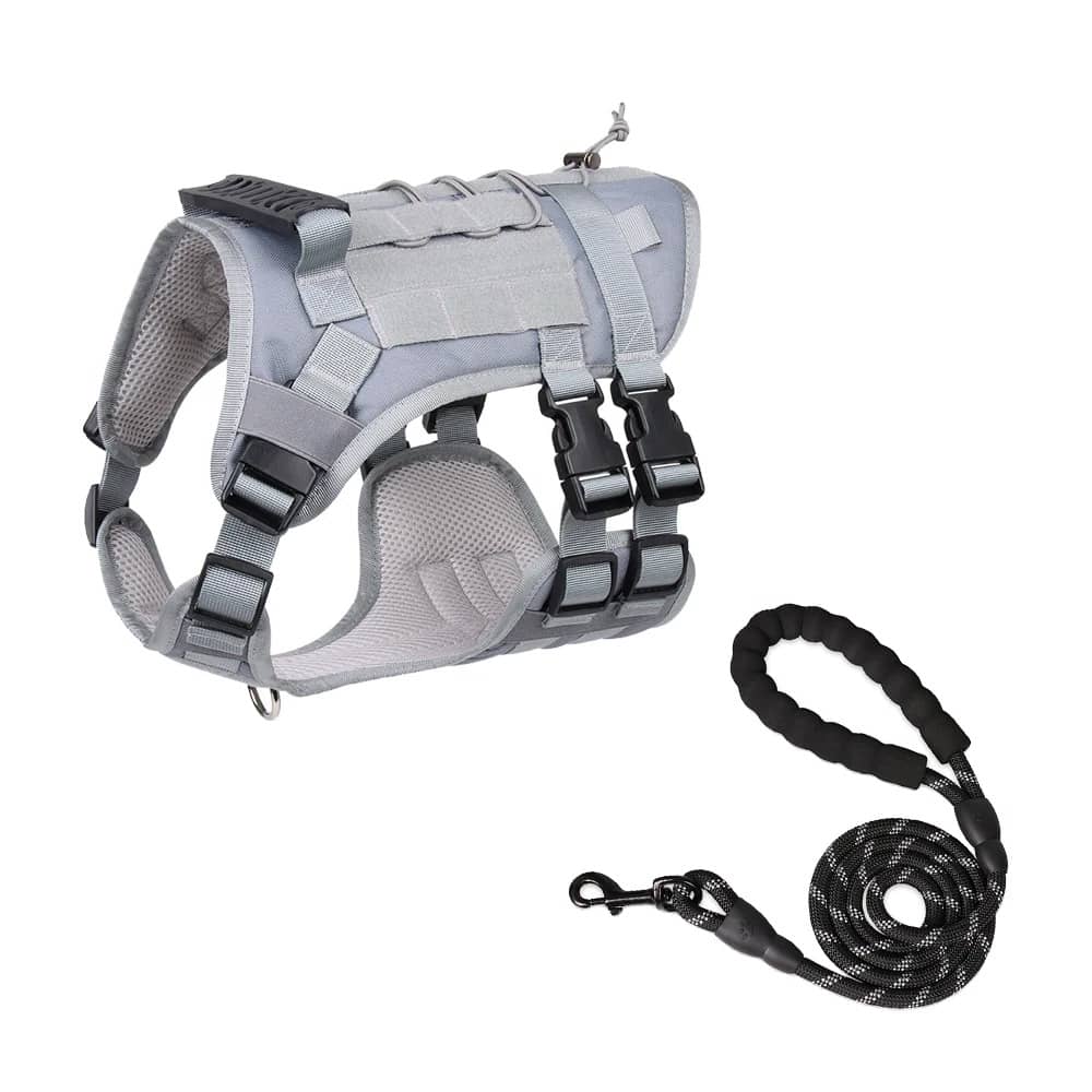 Gray tactical dog harness vest with adjustable straps and leash