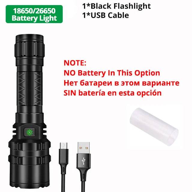 Black high power tactical flashlight with USB cable for outdoor use