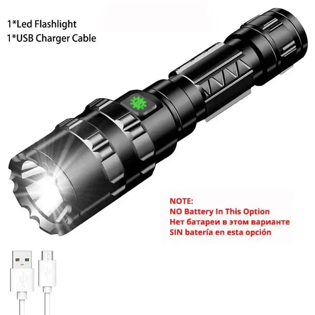 High power tactical flashlight with USB charger for outdoor use