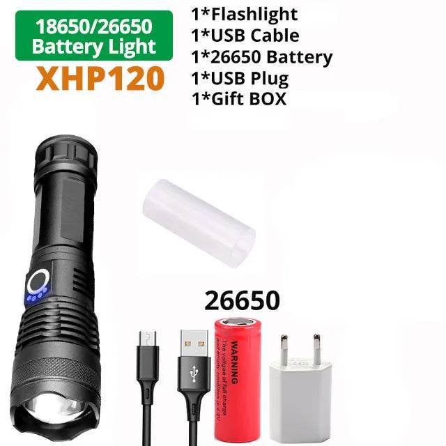 High power tactical flashlight with USB charging, includes battery and gift box