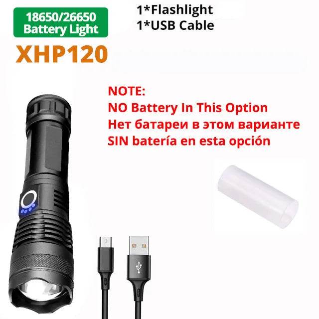 XHP120 high power tactical flashlight with USB cable for outdoor use
