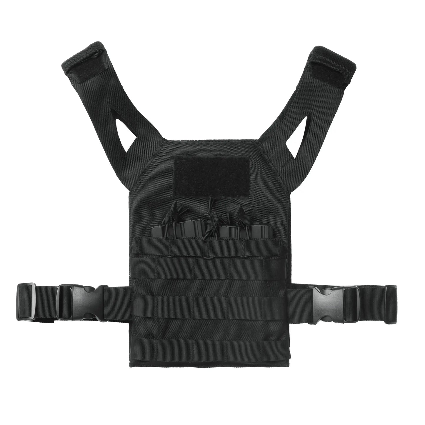 Kids tactical vest in black with adjustable straps and storage pockets