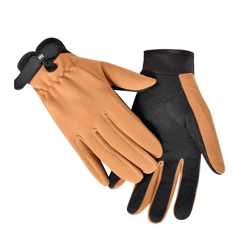 Military style work gloves in tan with grip for outdoor tasks