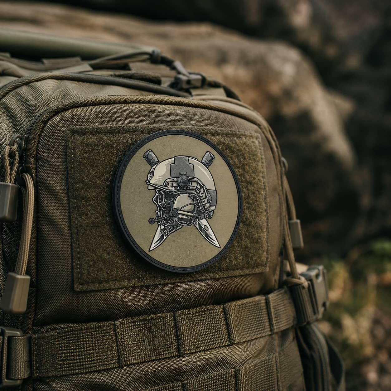 Army logo helmet badge on tactical backpack for military enthusiasts