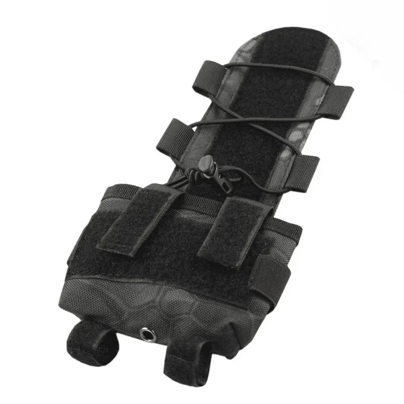 Tactical helmet battery pouch in black with adjustable straps for secure attachment