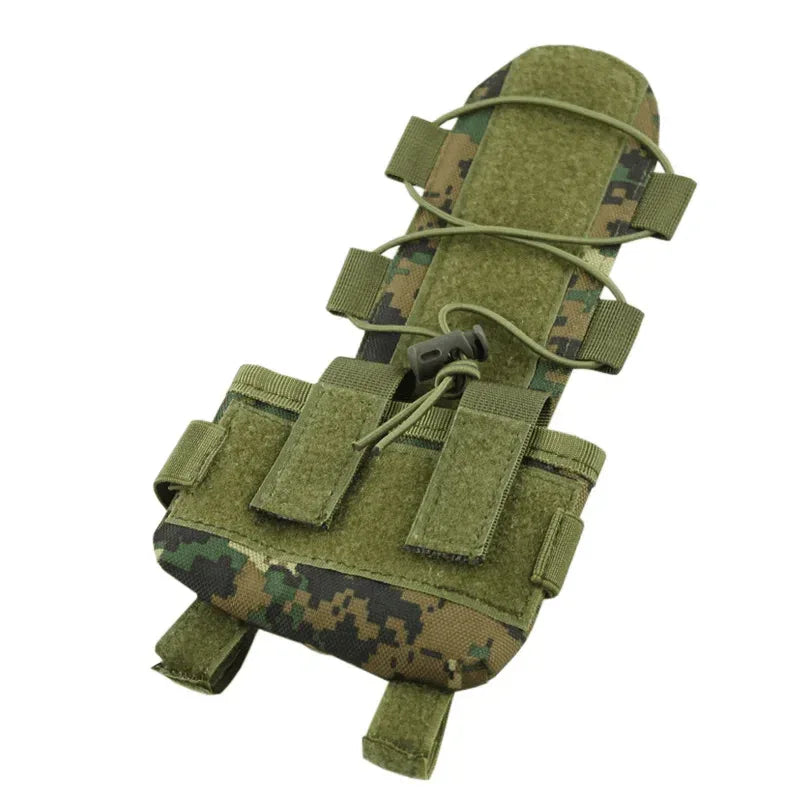 Tactical helmet battery pouch in green camo with adjustable straps for secure attachment