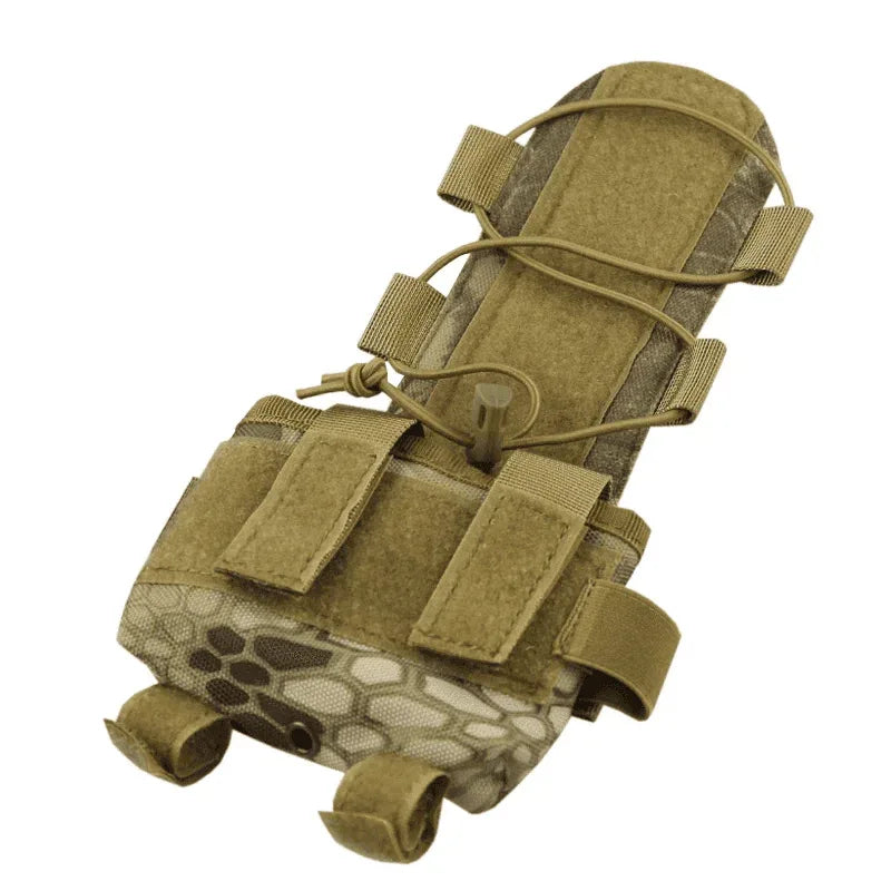 Tactical helmet battery pouch in tan with adjustable straps for secure attachment in outdoor activities