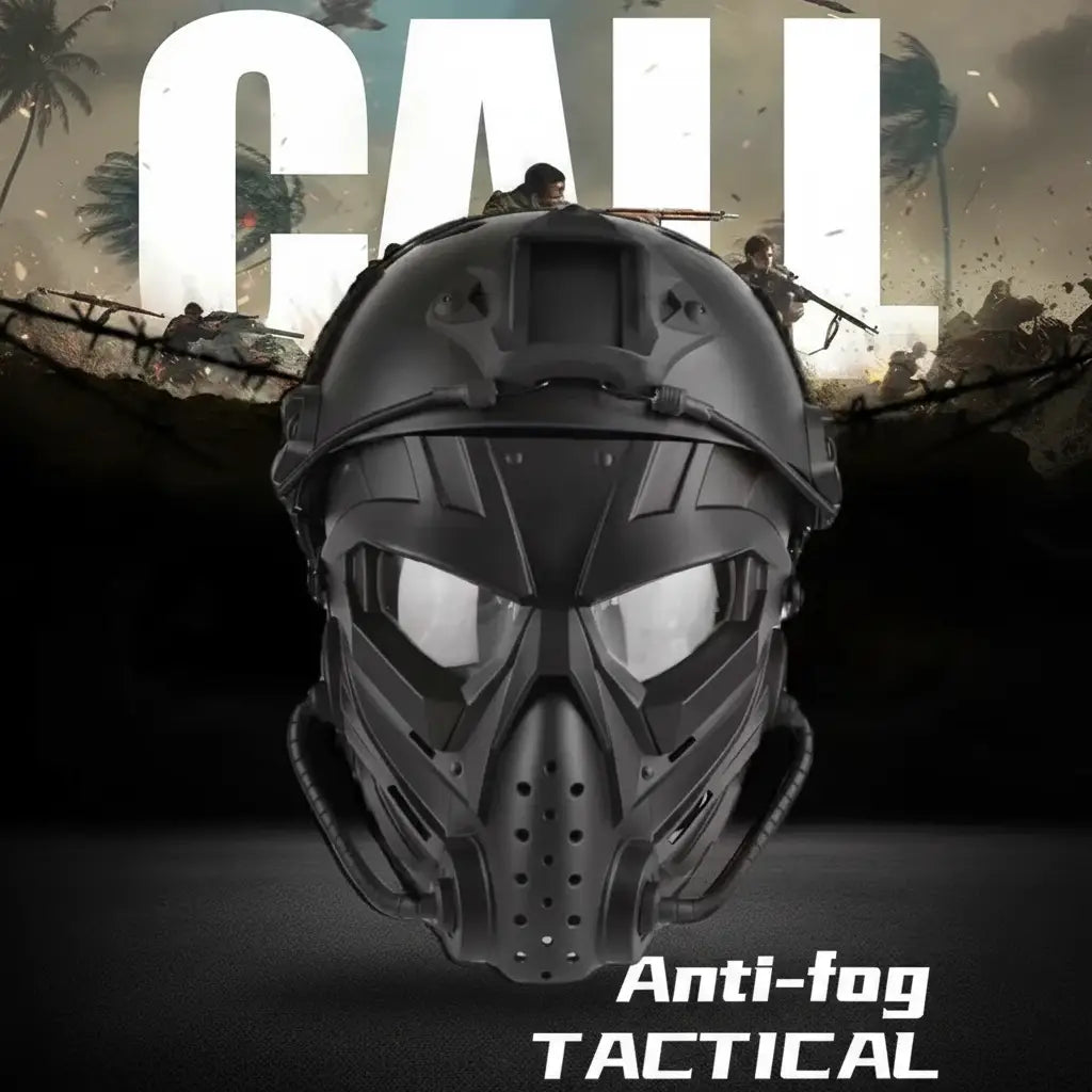 Military-Outdoors tactical helmet set in black with anti-fog features for enhanced visibility