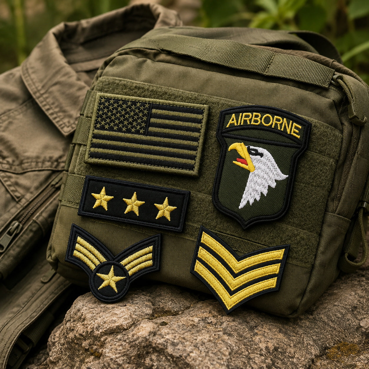 Green military-style bag with patches including an American flag, 'Airborne' patch, and rank insignias on a rock.