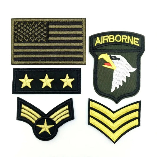 Set of tactical military patches including American flag and Airborne design for uniforms and gear