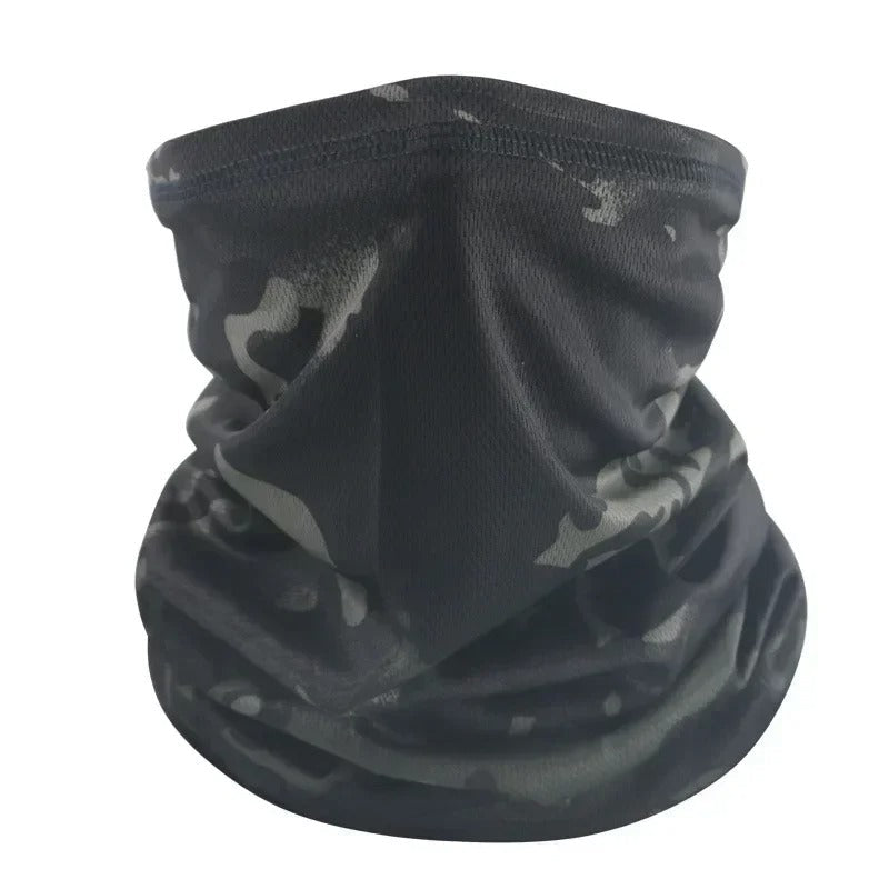 Tactical neck warmer in black camo design for outdoor activities and cold weather protection