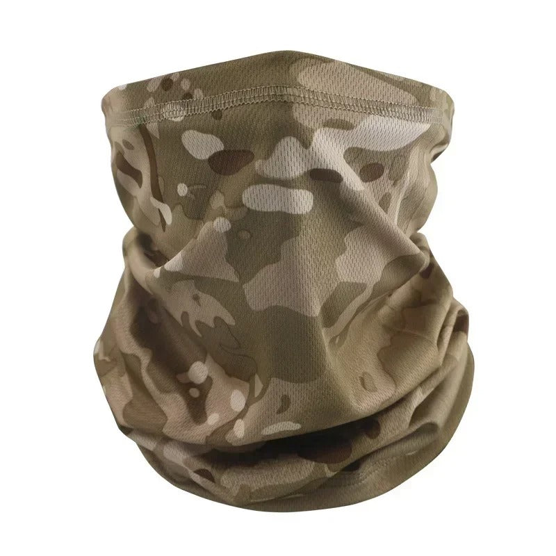 Tactical neck warmer in tan camouflage for outdoor activities and cold weather protection