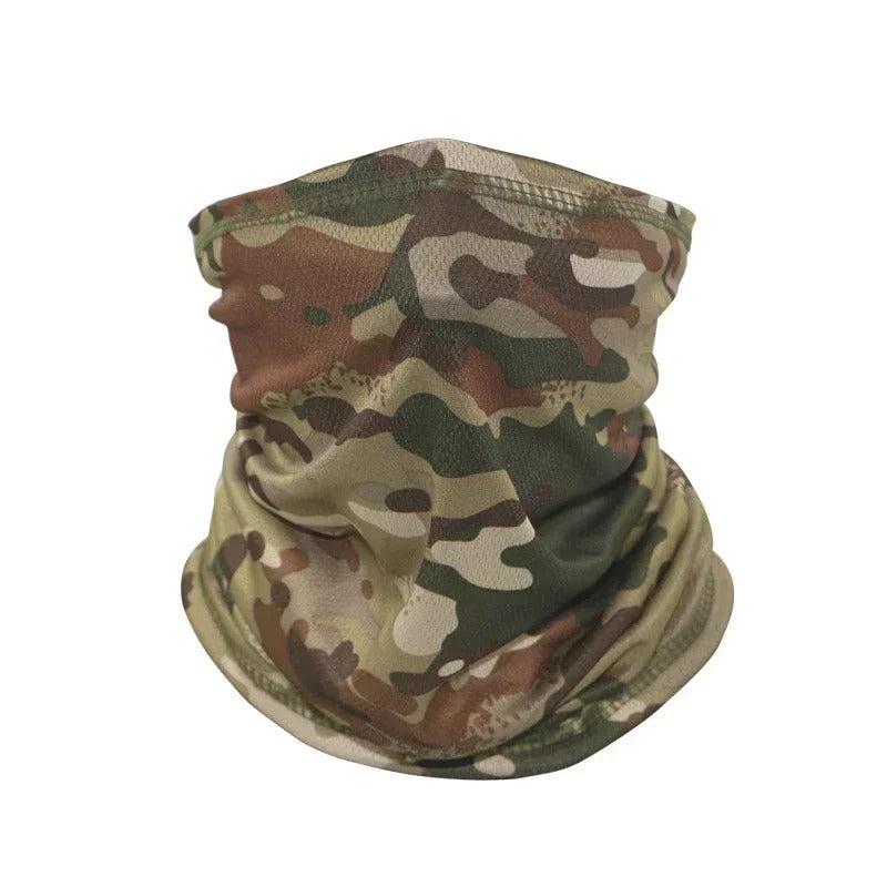 Tactical neck warmer in camouflage pattern designed for outdoor activities and military use