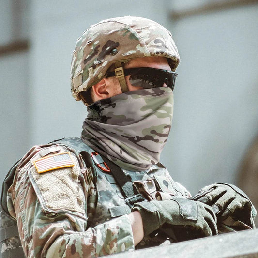 Tactical Neck Warmer - Tube Face Cover worn by a soldier - Military-Outdoors.com